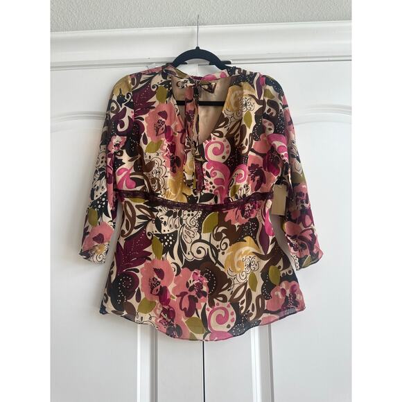 I.e. Petite Vintage 100% Silk Retro, 90's, Y2K Floral Blouse with Neck Tie - Picture 2 of 7